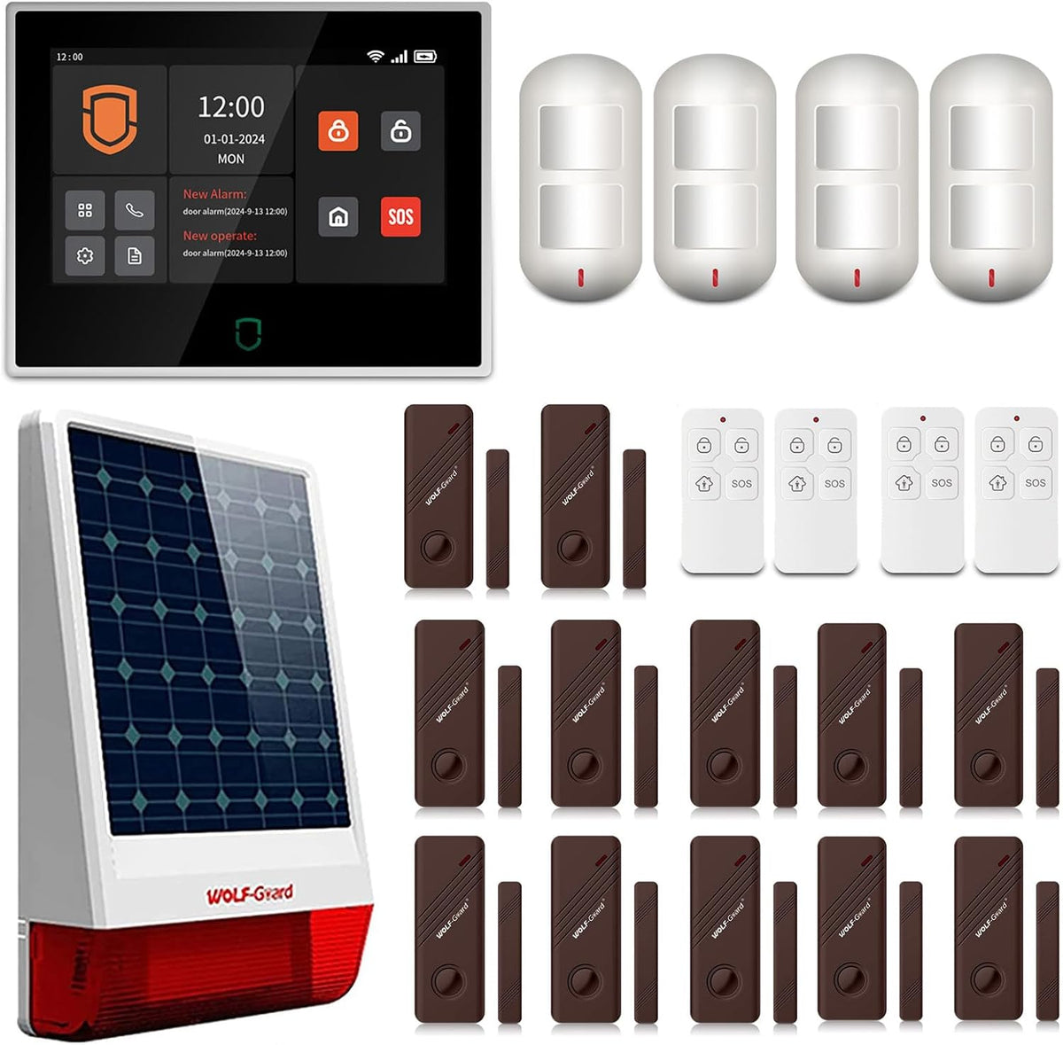 Wolf Guard Komplettsysteme, 110 dB, Weiß/Braun/Schwarz/Rot, WT4F 4G + WiFi Alarmanlage Haus 7' Touchscreen, Außensirene