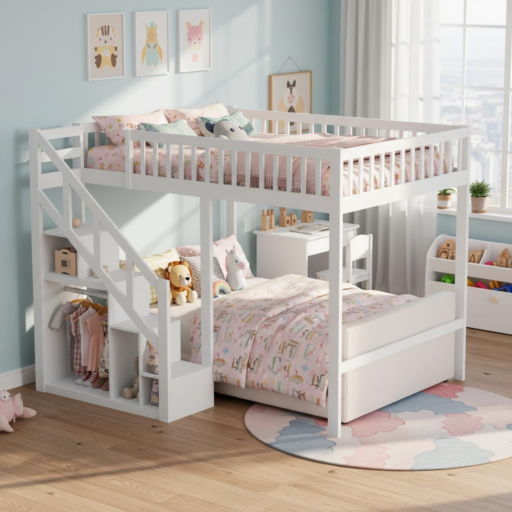 BLSYHDH Bett, 90 x 200 cm, Weiß, Etagen mit Treppe, Etagen für Kinder mit Staufach Kinder Hoch mit Fallschutz