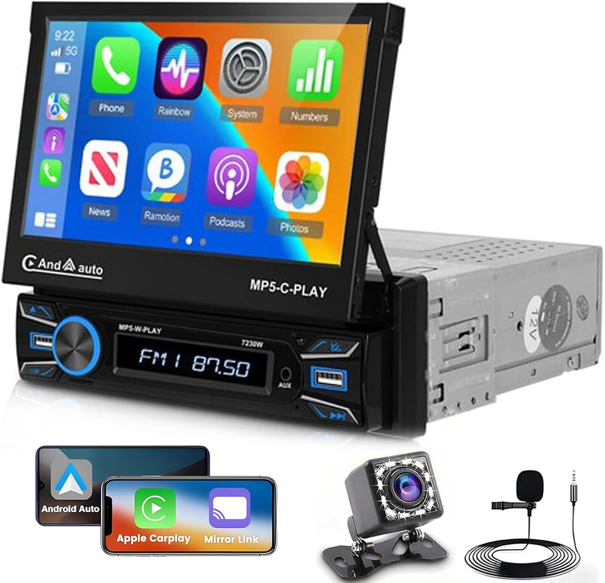 Hikity Kamera, Grau, 7' 1 DIN CarPlay Autoradio mit Bluetooth FM Rückfahr