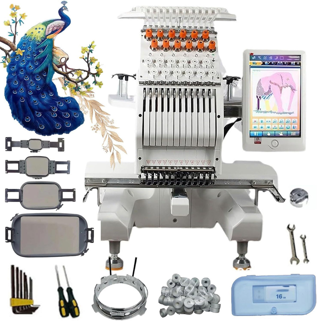 Stickmaschinen, 25,4 cm, Schwarz, 12-Nadel-Stickmaschine mit Touchscreen für Stoffdekoration