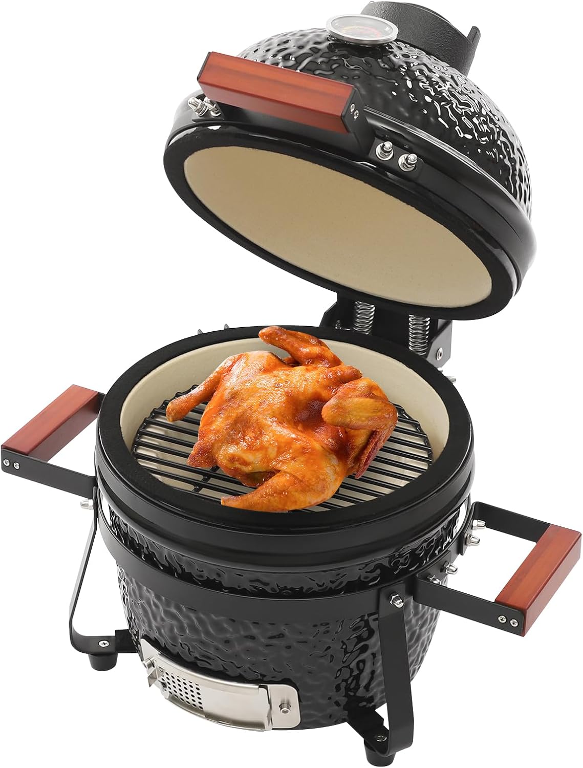 Bdneygtyr Holzkohlegrill, 32 cm, Keramik, Edelstahl, Bambus und Gusseisen, Silber