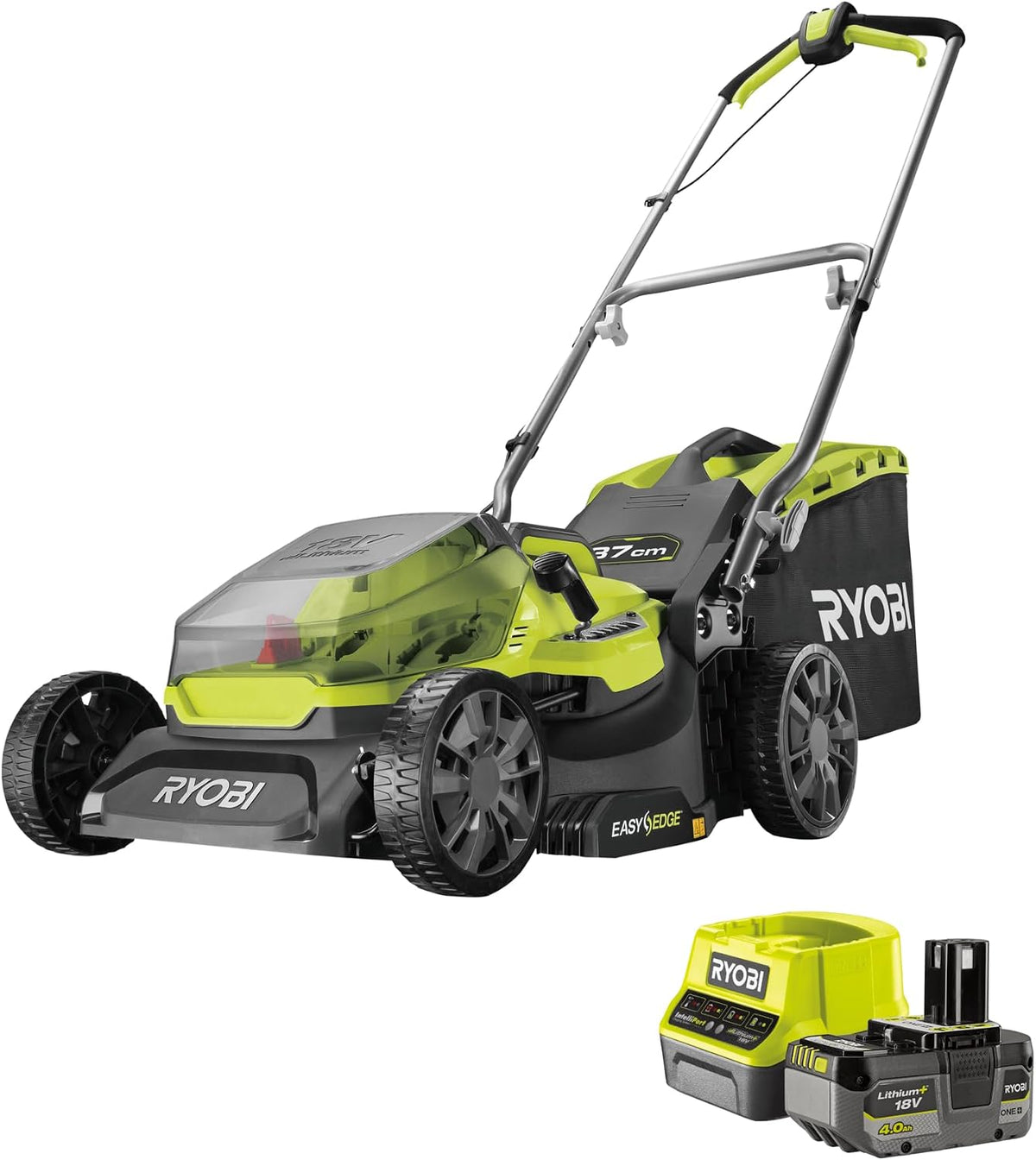 RYOBI Rasenmäher, 37 cm, 4.0 Ah, 249 m, 18 V, Grün/Schwarz, ONE+ Akku- RY18LM37A-140, Schnittbreite, inkl. 1 x Akku & Ladegerät