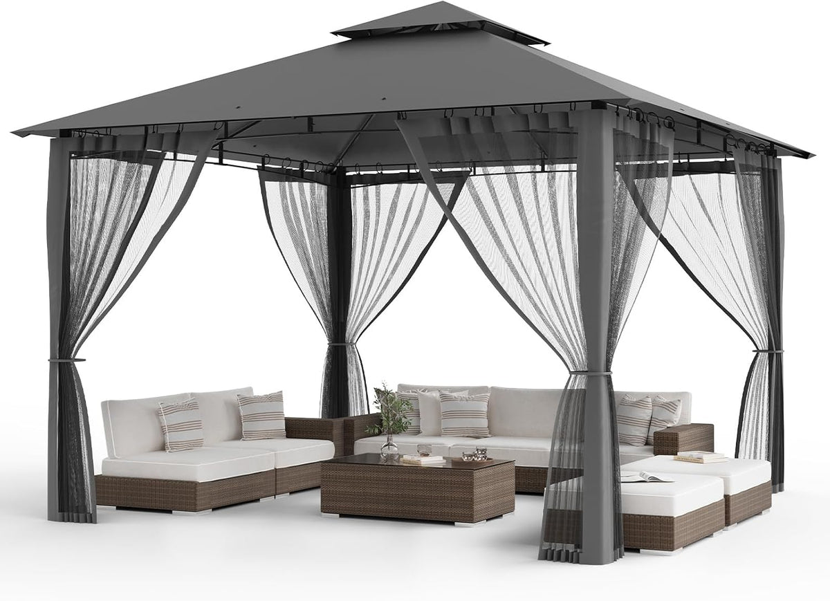 Amopatio Pavillon, 4M, Grau, 3.4x3. Garten Wasserdicht Stabil Winterfest, Doppeldach Garten mit Moskitonetz, Deluxe Patio Gazebo Wetterfest