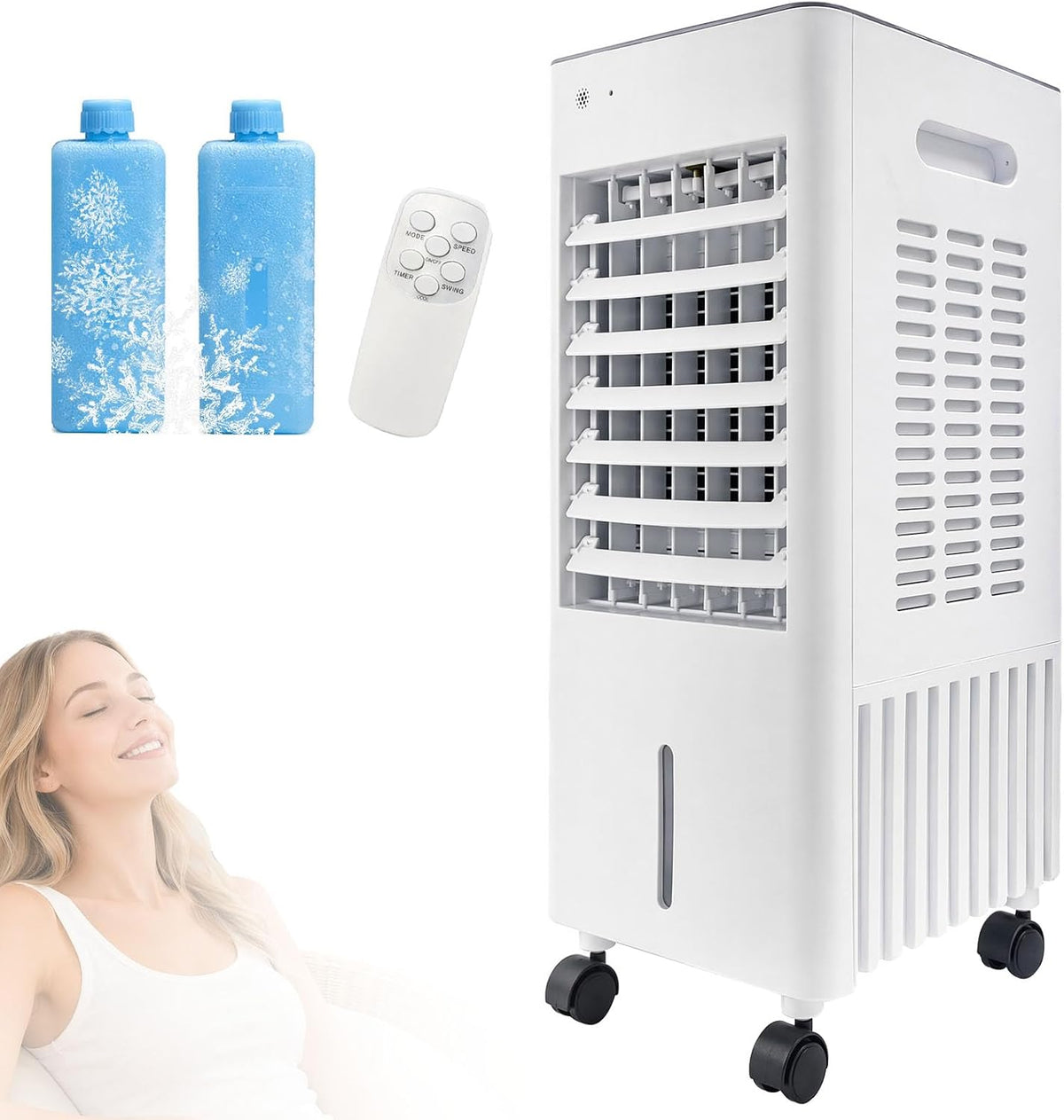 Klimaanlage, Weiß, 4-in-1 Mobile ohne Abluftschlauch, 12LLuftkühler Verdunstungskühler, Leises Klimagerät mit 2 Kühlakkus
