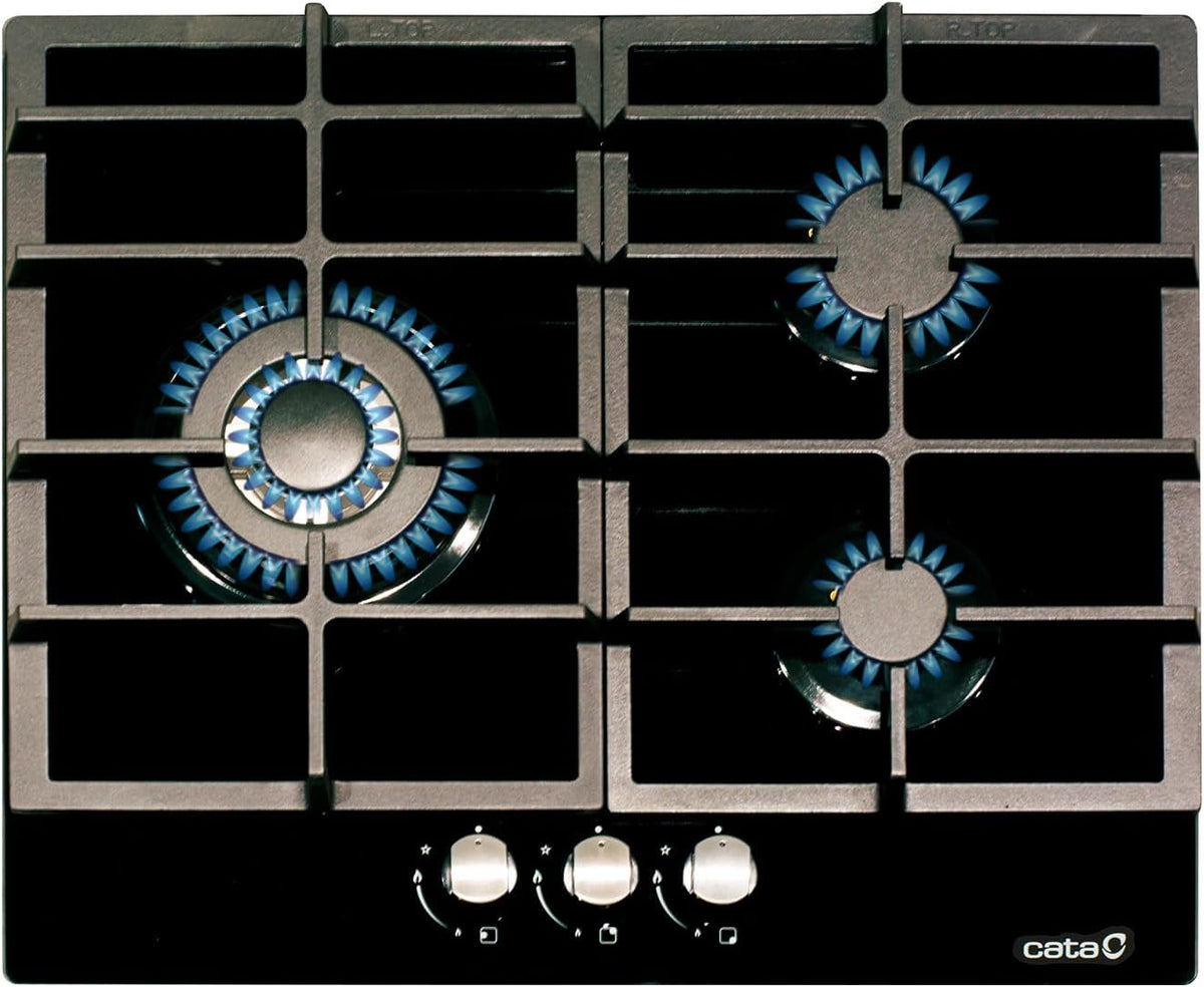CATA Kochfeld, 6,25 kW, 59 cm, Schwarz/Silber, Glas-Gas LCIB 6021 BK. 3 Brenner. 1 Dreifach-Krone., Gesamtleistung