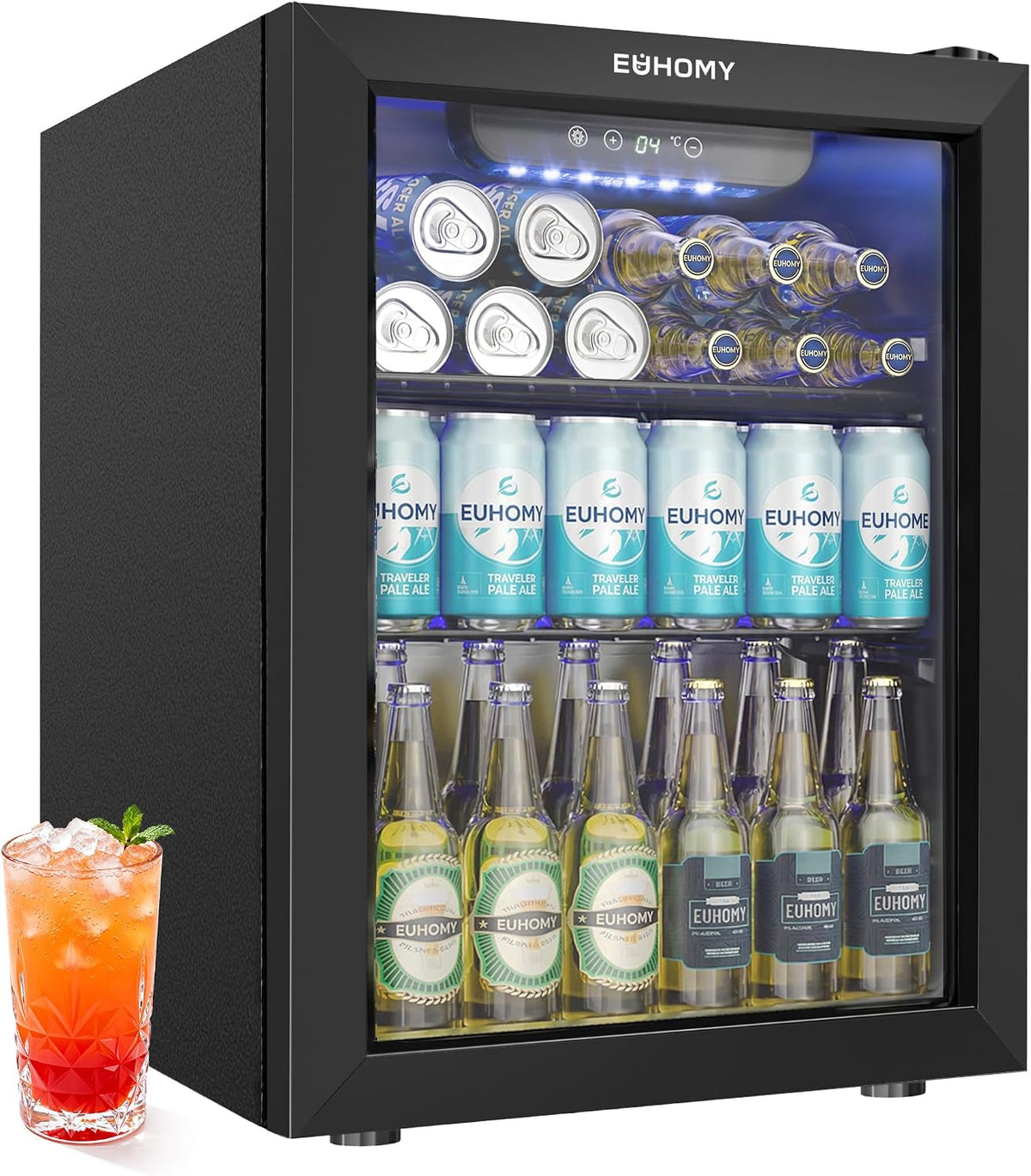 EUHOMY Getränkekühlschrank, 48 L, Weiß, mit Glastür, Mini Kühlschrank für 68 Dosen, Leiser Bierkühler mit LED & Digitalanzeige