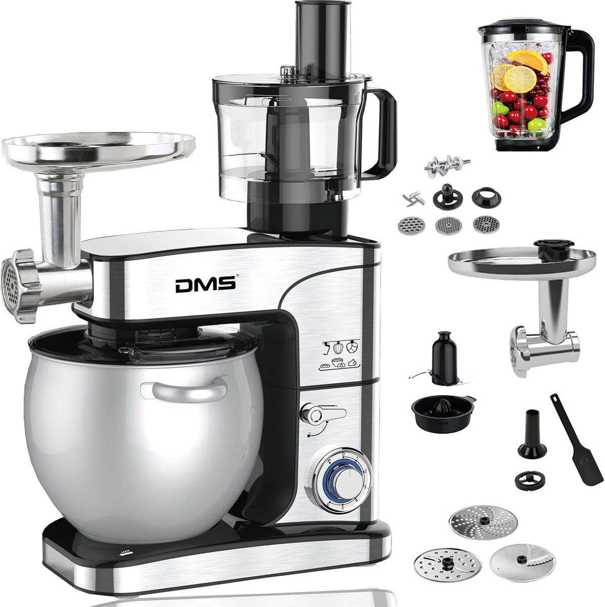 DMS Universalküchenmaschinen, 10 Liter, Silber/Schwarz, 5in1 Edelstahl Küchenmaschine Rührmaschine Knetmaschine