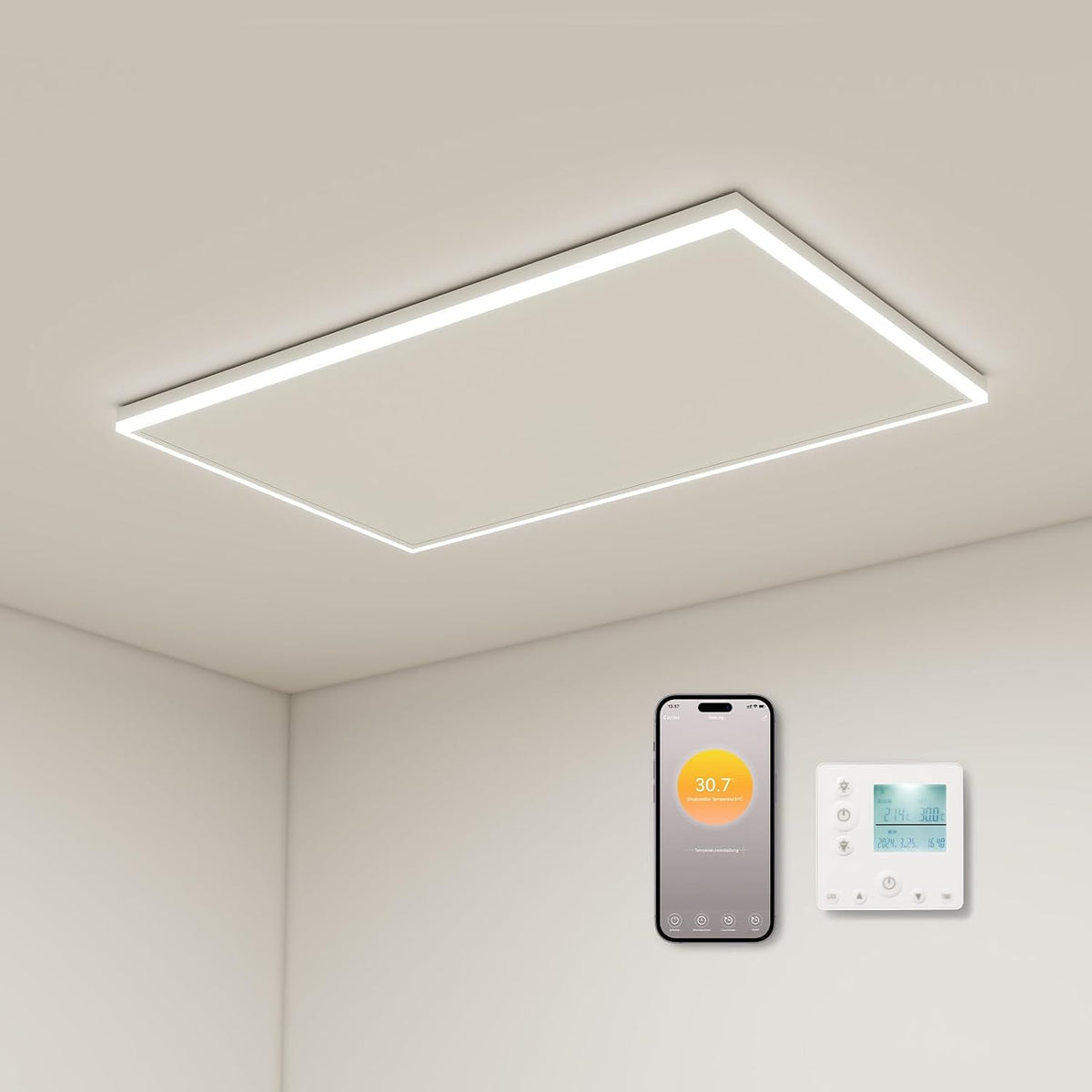 byecold Elektroheizkörper, Weiß, Infrarotheizung Deckenmontage 700 Watt, Deckenheizung Infrarot mit LED Beleuchtung