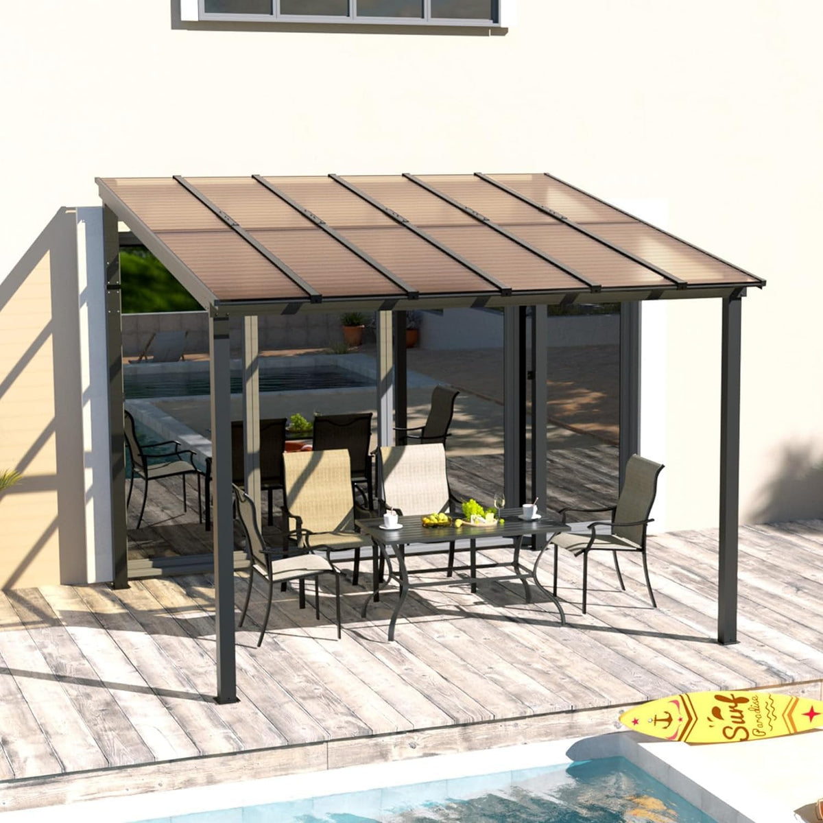 UDPATIO Pavillon, 6 mm, Schwarz/Champagner, Terrassenüberdachung Borneo 3x3 m mit Doppelstegplatten aus, Terrasse
