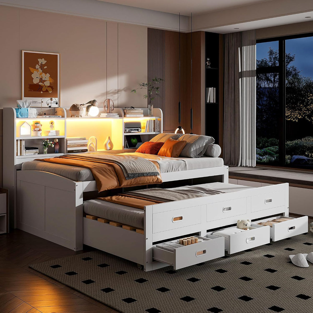 Jovify Bett, Weiß, Tages 90x200 mit Auszieh &3 Schubladen, Ausziehbares Schlafsofa mit LED, Holz Gäste Kinder Jugend Funktions gestell