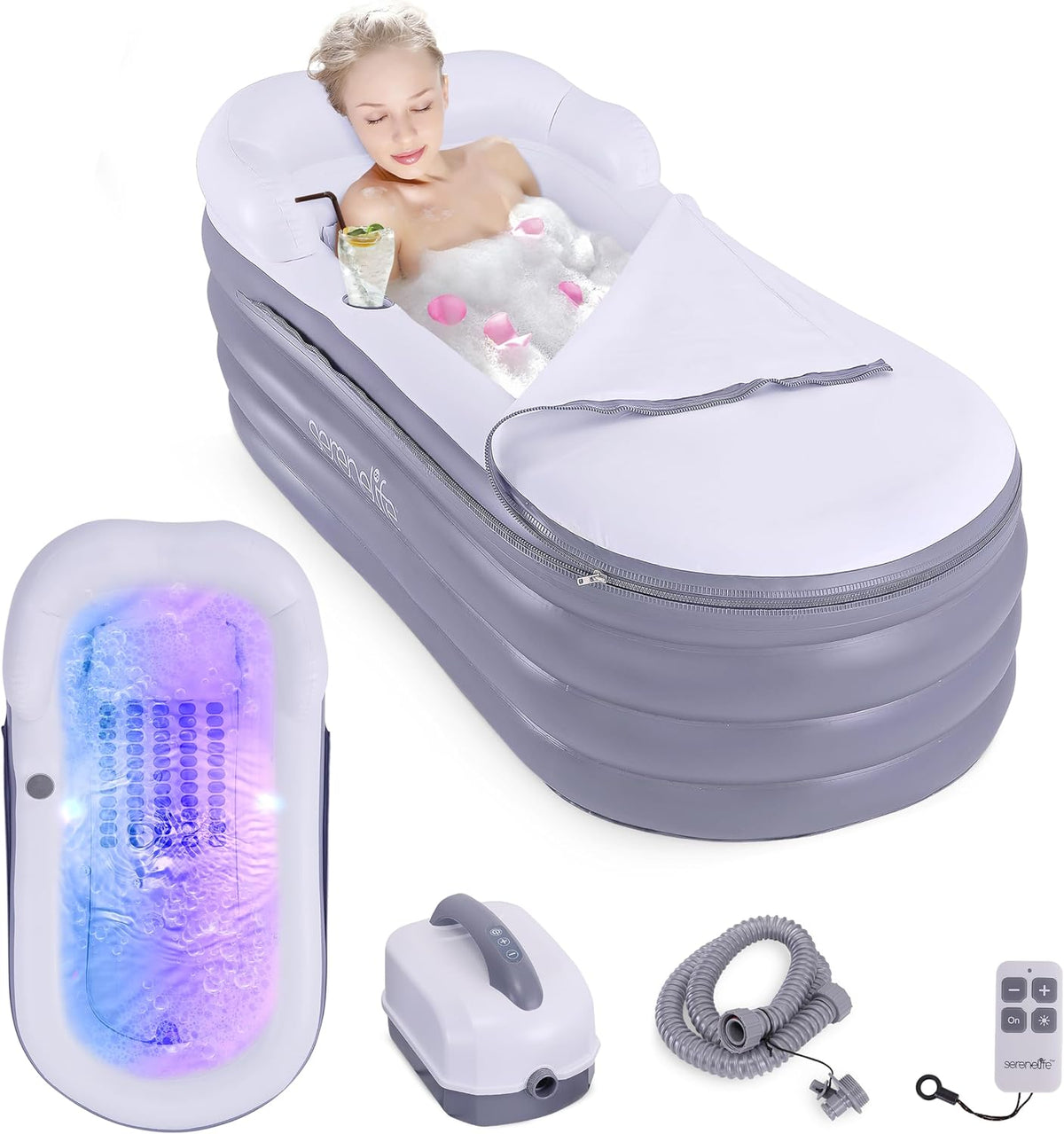 SereneLife freistehend Badewannen, 168×76 cm, Grau, Aufblasbare Badewanne Erwachsene, Faltbar, Mit Bubble Sprudelmatte und LED-Licht