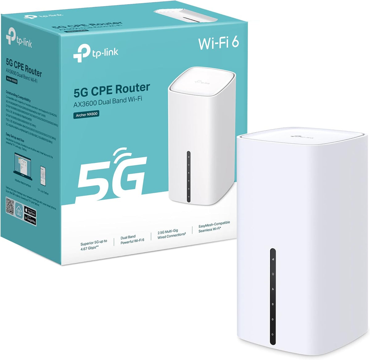 TP-Link Router, Grau, Archer NX600 5G LTE WLAN, 5G SIM-Karte, AX3600 Dualband Wi-Fi 6, 1 × 2, 5G-Port + 2 × 1G-Ports