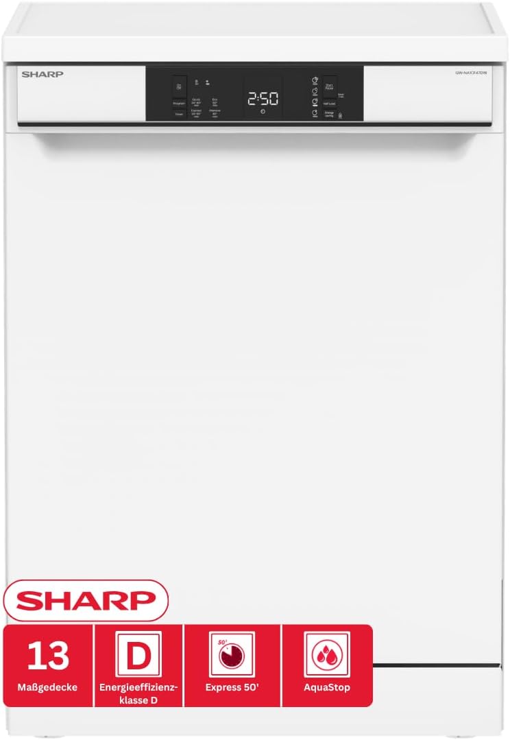 SHARP Geschirrspüler, 60 cm, Weiß, QW-NA1CF47DW-DE freistehend, 13 Maßgedecke, 4 Programme, AquaStop