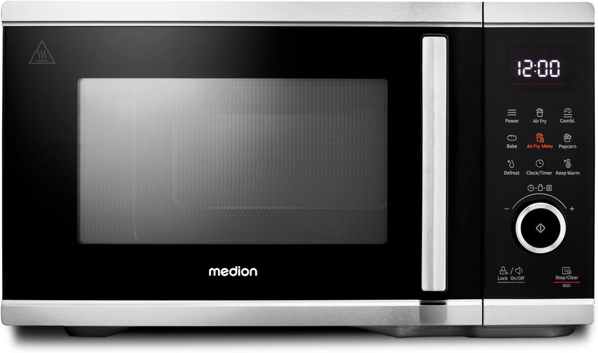 MEDION Mikrowelle, 25 Liter, Schwarz/Silber, mit Heißluftfritteusenfunktion (, 1.500 Watt Heißluft, 900 Watt, 9 Automatikprogramme