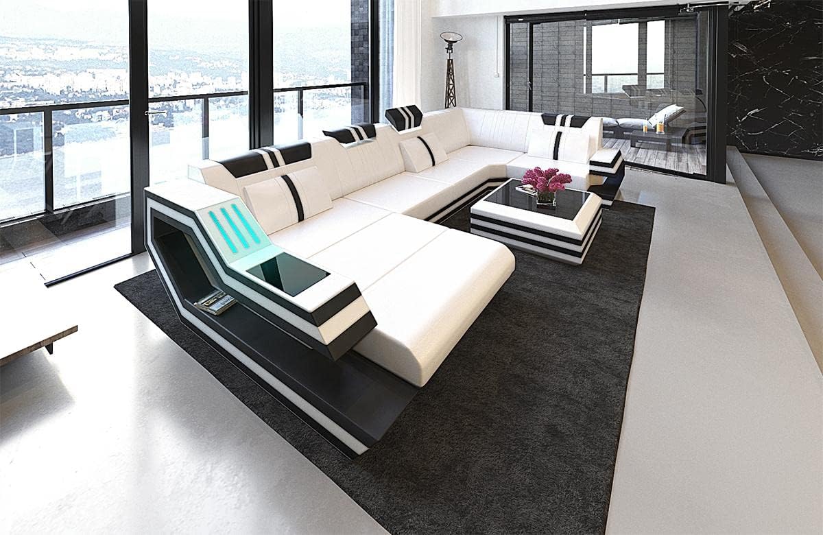 Sofa Dreams Sofa, Schwarz, Wohnlandschaft Ravenna U Form Leder - mit LED Beleuchtung, verstellbare Kopfstützen
