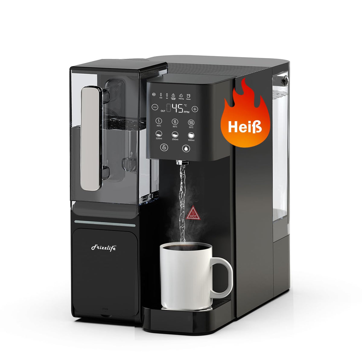 FRIZZLIFE Kühlschrank, Grau, WB99-H Auftisch Umkehrosmoseanlage, Sofortiger-heiß Wasserspender, Alkalische Osmoseanlage Wasserfilter