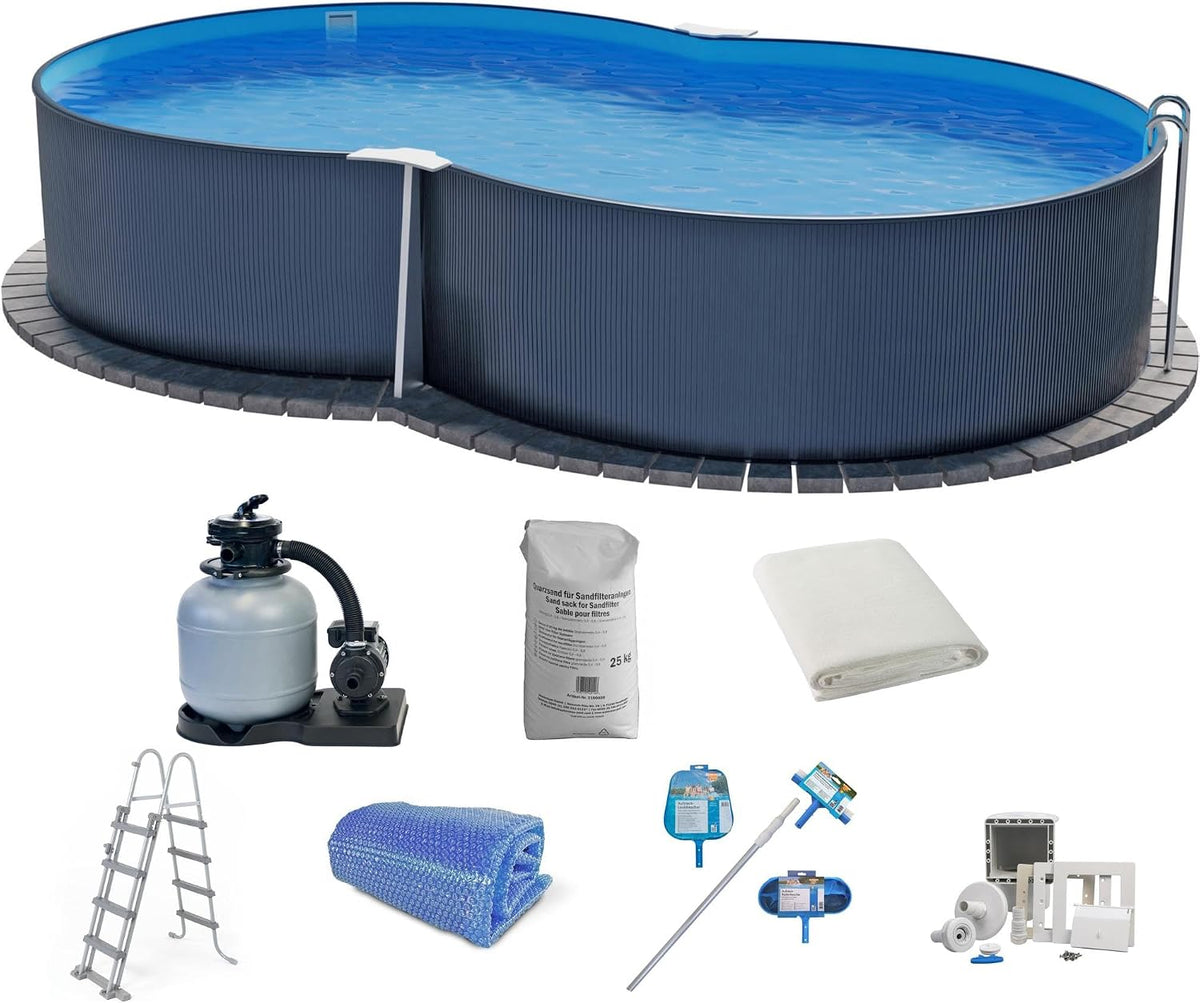 Planet Pool Stahlrahmenpool, 470x300x120 cm, 0,4 mm, anthrazit/blau, Stahlwand Set (8-teilig) hoch achtform, Stahl anthrazit Folie blau