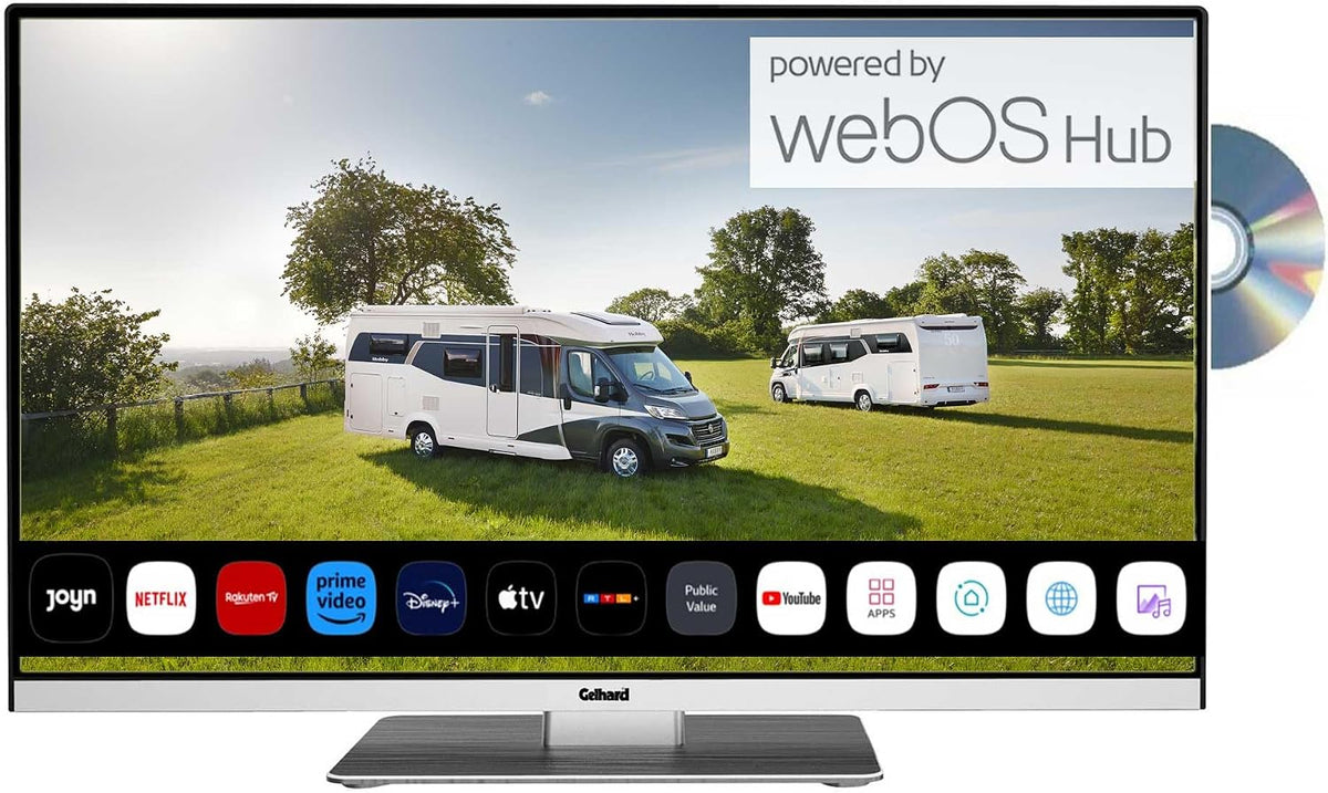 GTV2292 Fernseher, Schwarz, Smart TV, Smart TV mit WebOS & DVD und Bluetooth DVB-S2/C/T2, Wi-Fi, HDMI für Wohnmobile/LKW/Boot & Zuhause