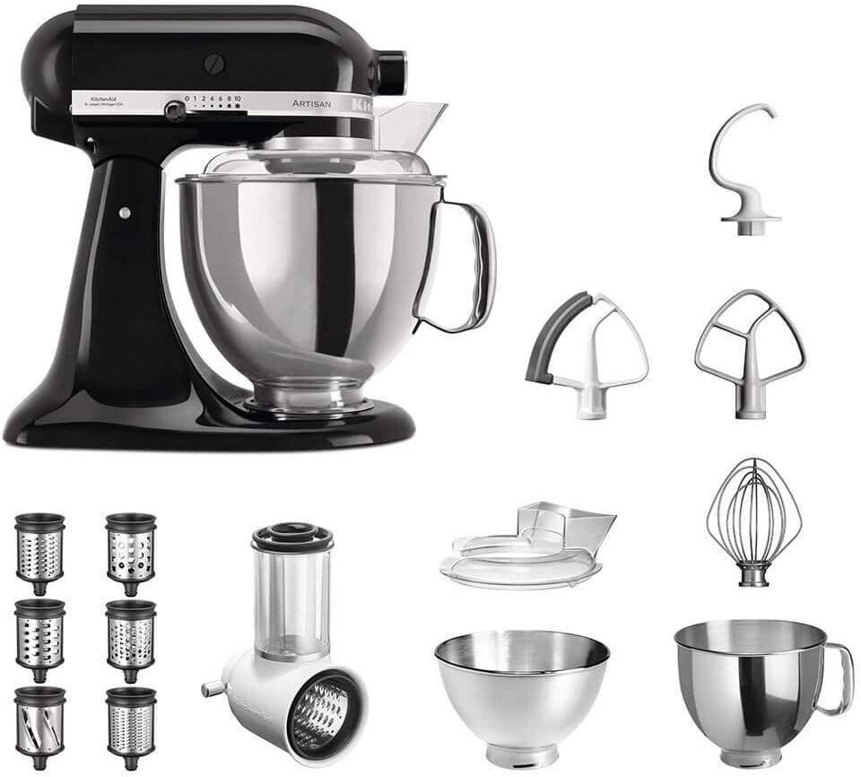 KitchenAid Reiben, Schwarz, Küchenmaschine Artisan 5KSM175PS Veggie S Paket, mit TOP Zubehör: Gemüseschneider mit drei Trommeln sowie