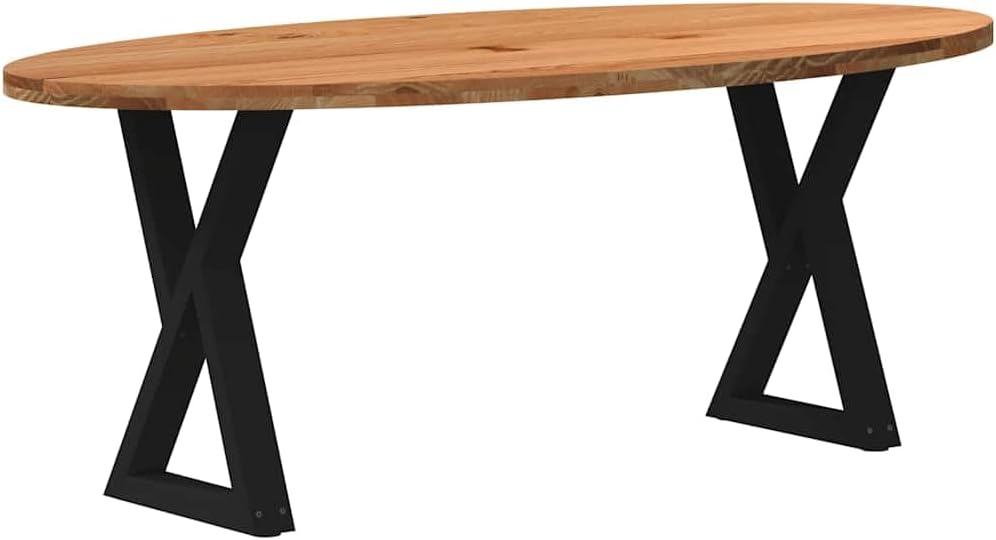 Ovaler Esstisch, 200 x 100 x 74 cm, Hellbraun/Schwarz, aus Massivholz, modernes Design mit Metallgestell, verstellbare Füße