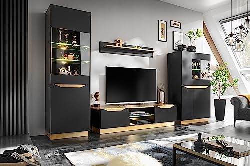 Wohnwand, Schwarz/Gold, Fame Wohnzimmerset Wohnzimmer Wand Regal TV Wand Matt Glas