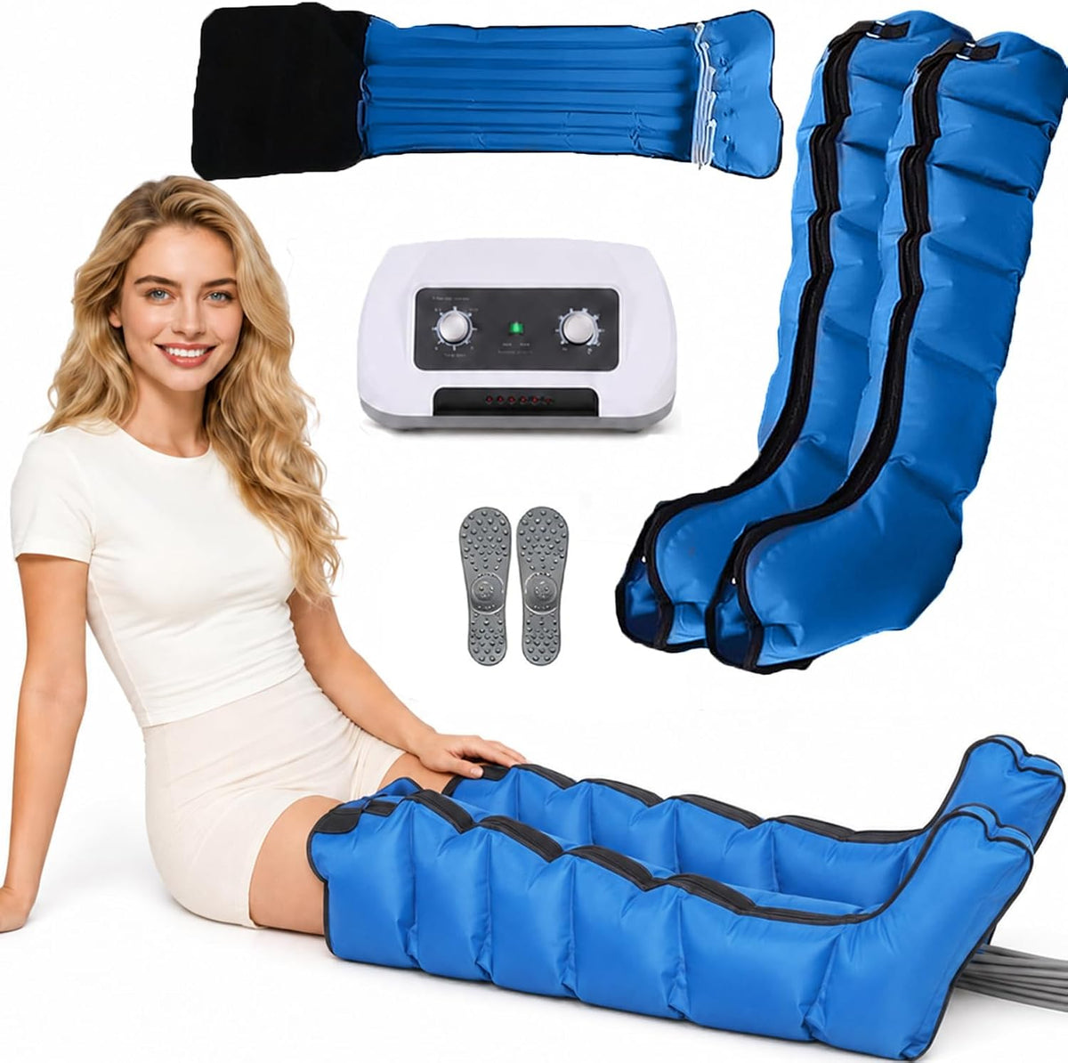 SULQING Fußmassagegeräte, Blau, Lymphdrainage Gerät Beine Bauch bei Lipödem für Zuhause (, 6 Kammern Beinmassagegerät Lymphdrainage Recovery Boots